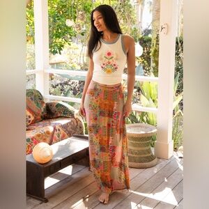 NWT L NATURAL LIFE Ginger Side-Slit Maxi Skirt - Pink Floral Patchwork Colorful